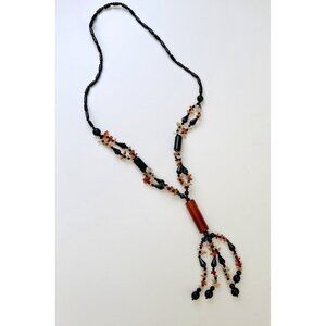 Vintage Long Beaded Tassel Amber Colored Stones Pendant Boho Indie Artisan